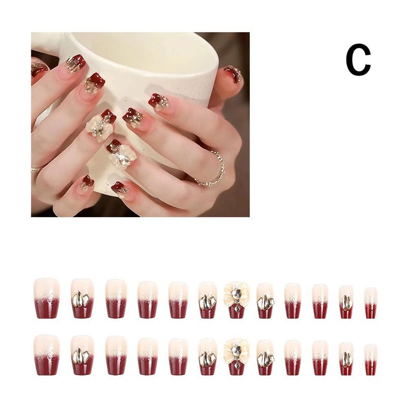 French manicure with nude false nails, brightens skin tone, detachable false nail stickers with glitter, 24pcs